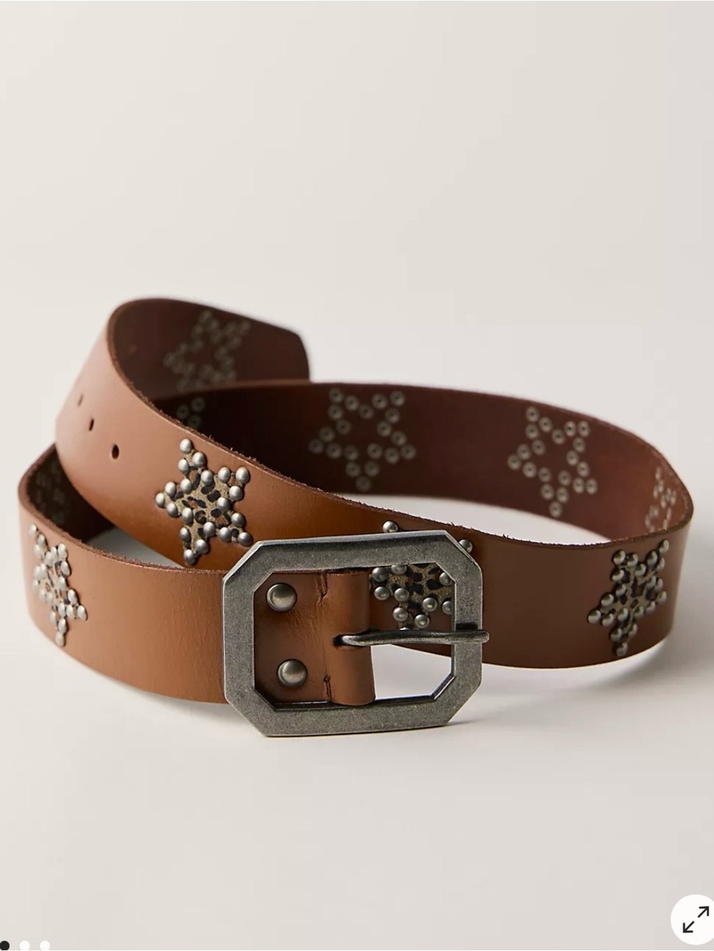 Free People Tan Leather Studded Belt with Antiqued Silver Buckle
